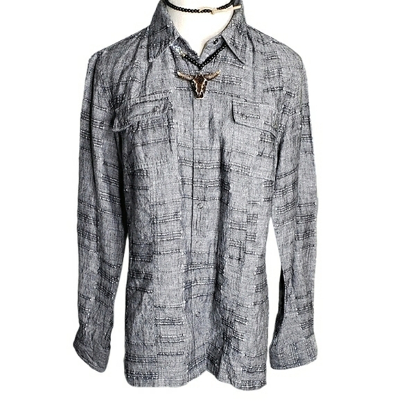 Linen Full Snap Button Down Minimalist Capsule Neutral Shirt 0/small Chico's - Picture 3 of 15